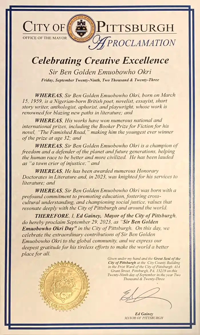 Sir Ben Okri Day - City of Pittsburgh